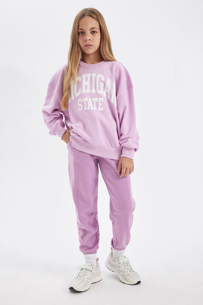 Kız Çocuk - Genç Kız Lila Kız Çocuk Relax Fit Bisiklet Yaka Baskılı Okul Sweatshirt