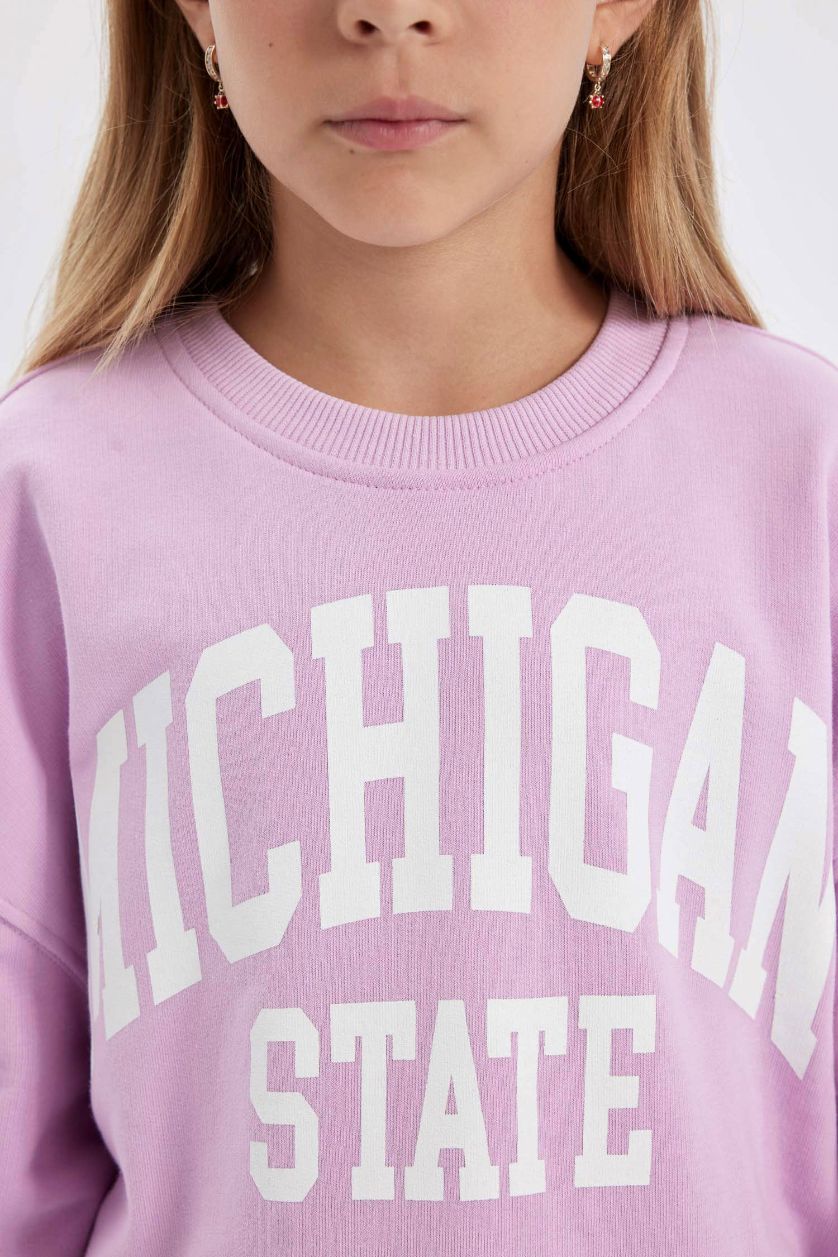 Kız Çocuk - Genç Kız Lila Kız Çocuk Relax Fit Bisiklet Yaka Baskılı Okul Sweatshirt