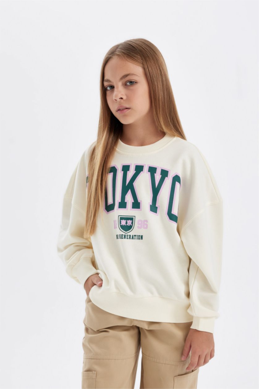 Kız Çocuk - Genç Kız Ekru Kız Çocuk Oversize Geniş Kalıp Bisiklet Yaka Baskılı Okul Sweatshirt