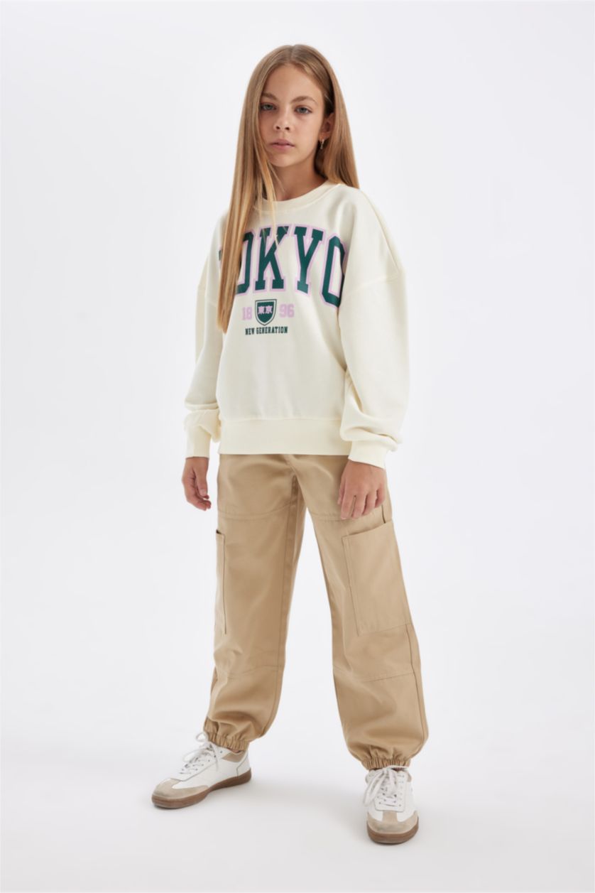 Kız Çocuk - Genç Kız Ekru Kız Çocuk Oversize Geniş Kalıp Bisiklet Yaka Baskılı Okul Sweatshirt