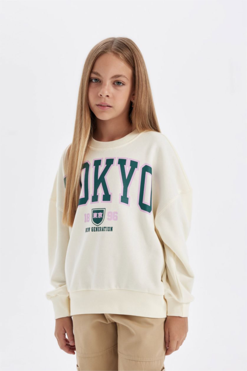 Kız Çocuk - Genç Kız Ekru Kız Çocuk Oversize Geniş Kalıp Bisiklet Yaka Baskılı Okul Sweatshirt