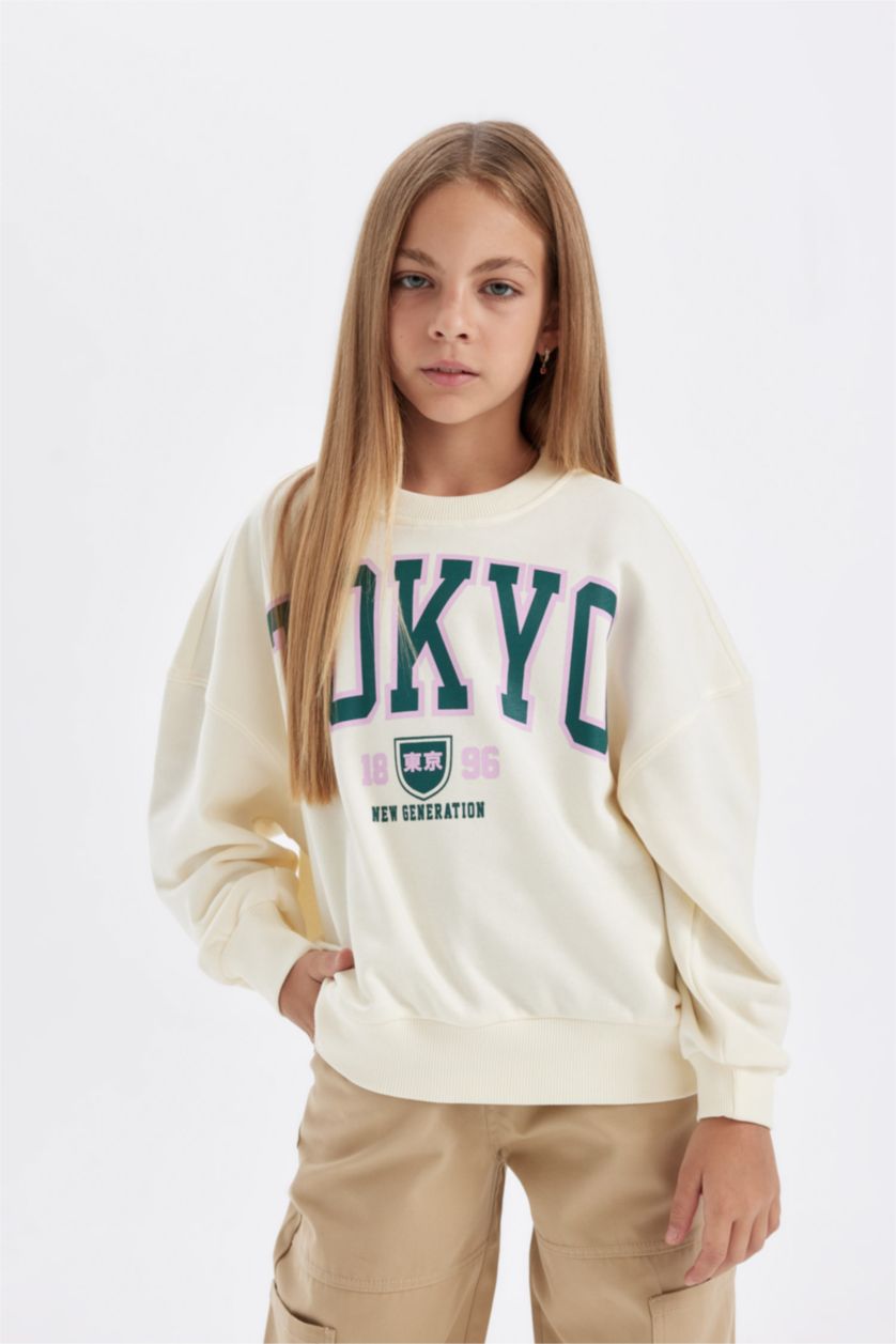 Kız Çocuk - Genç Kız Ekru Kız Çocuk Oversize Geniş Kalıp Bisiklet Yaka Baskılı Okul Sweatshirt