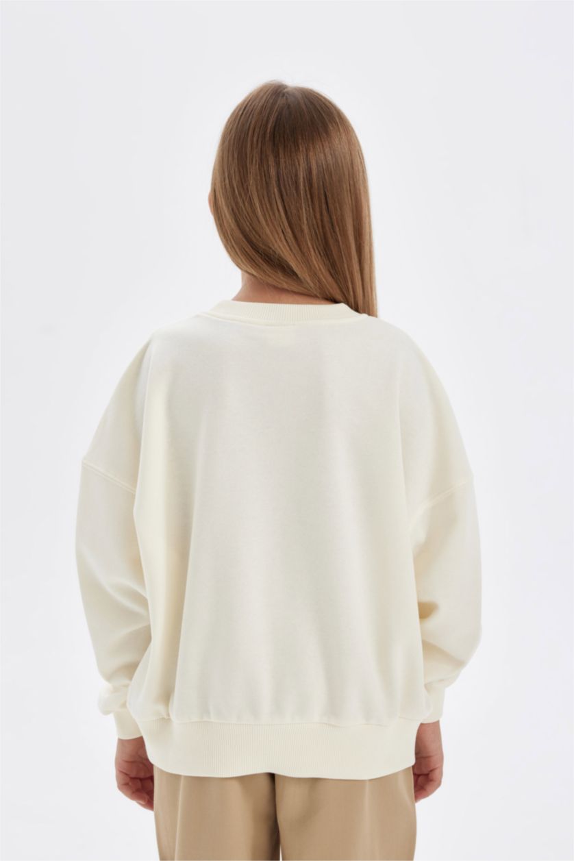 Kız Çocuk - Genç Kız Ekru Kız Çocuk Oversize Geniş Kalıp Bisiklet Yaka Baskılı Okul Sweatshirt