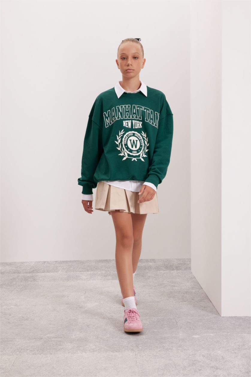 Kız Çocuk - Genç Kız Koyu Yeşil Kız Çocuk Oversize Geniş Kalıp Bisiklet Yaka Baskılı Okul Sweatshirt