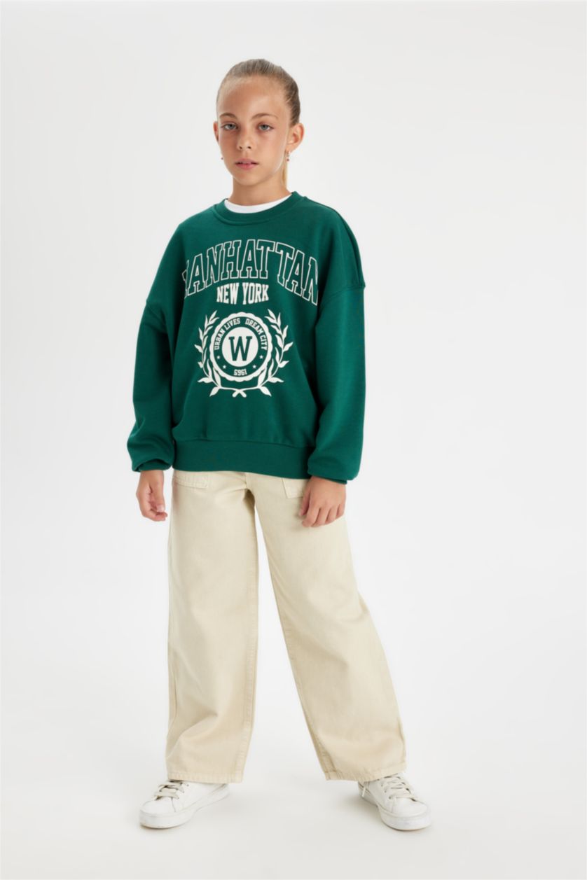 Kız Çocuk - Genç Kız Koyu Yeşil Kız Çocuk Oversize Geniş Kalıp Bisiklet Yaka Baskılı Okul Sweatshirt