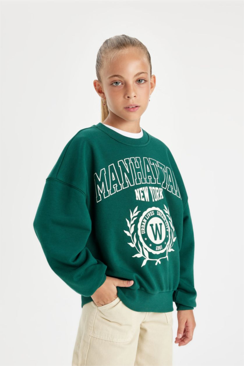 Kız Çocuk - Genç Kız Koyu Yeşil Kız Çocuk Oversize Geniş Kalıp Bisiklet Yaka Baskılı Okul Sweatshirt