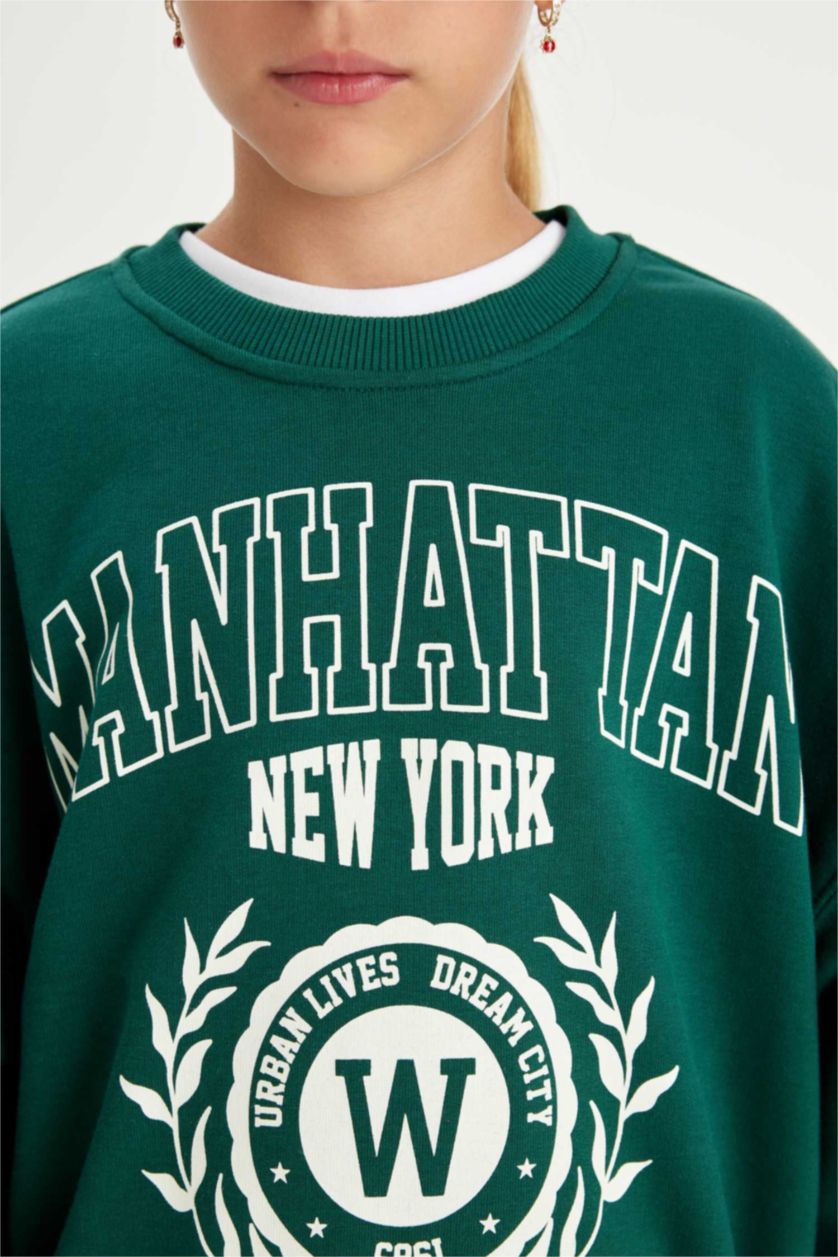 Kız Çocuk - Genç Kız Koyu Yeşil Kız Çocuk Oversize Geniş Kalıp Bisiklet Yaka Baskılı Okul Sweatshirt