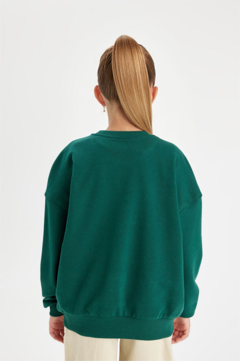 Kız Çocuk - Genç Kız Koyu Yeşil Kız Çocuk Oversize Geniş Kalıp Bisiklet Yaka Baskılı Okul Sweatshirt