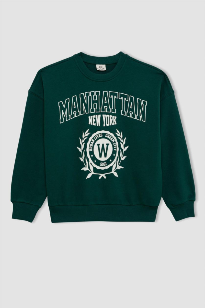 Kız Çocuk - Genç Kız Koyu Yeşil Kız Çocuk Oversize Geniş Kalıp Bisiklet Yaka Baskılı Okul Sweatshirt