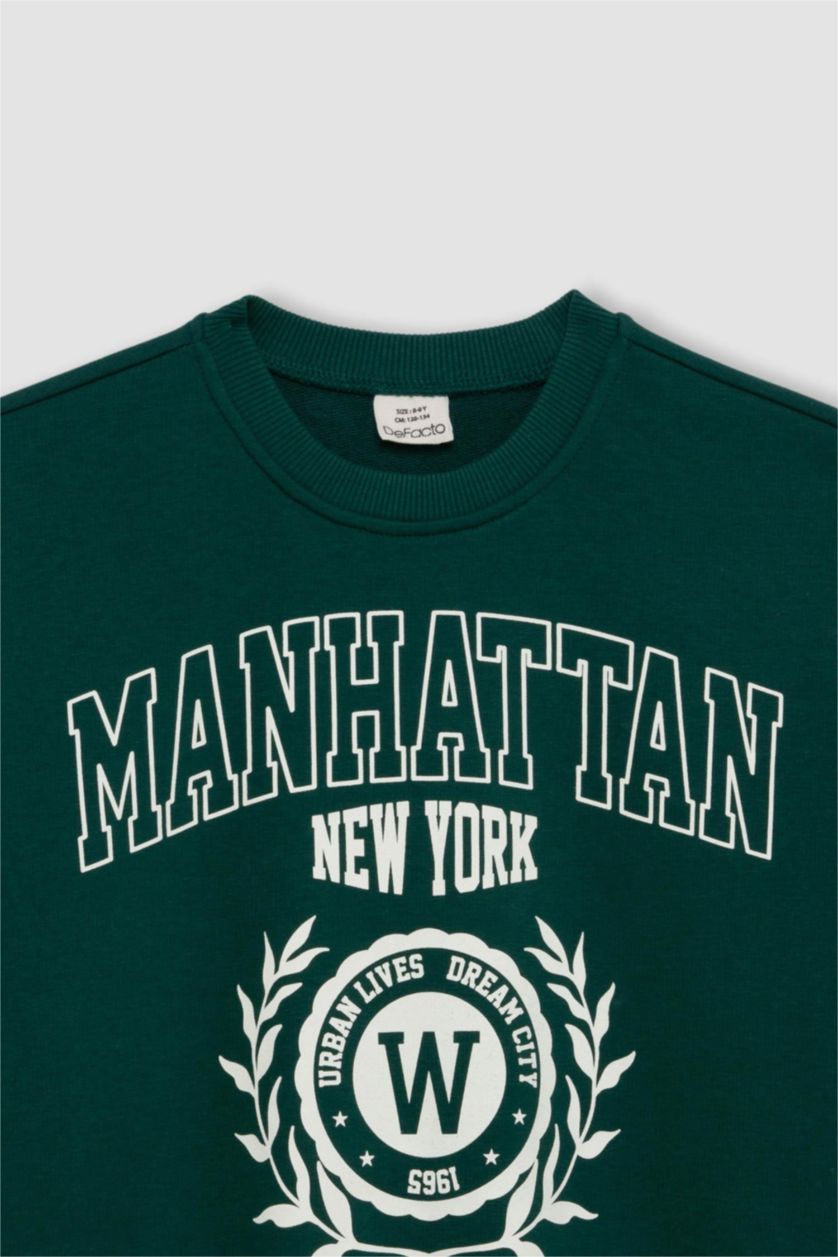 Kız Çocuk - Genç Kız Koyu Yeşil Kız Çocuk Oversize Geniş Kalıp Bisiklet Yaka Baskılı Okul Sweatshirt