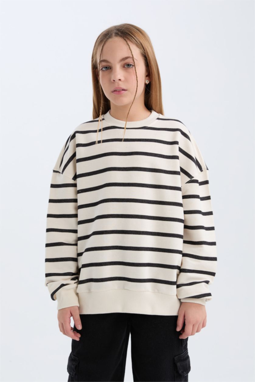 FILLES Écru Sweatshirt Oversize rayé à col rond pour fille