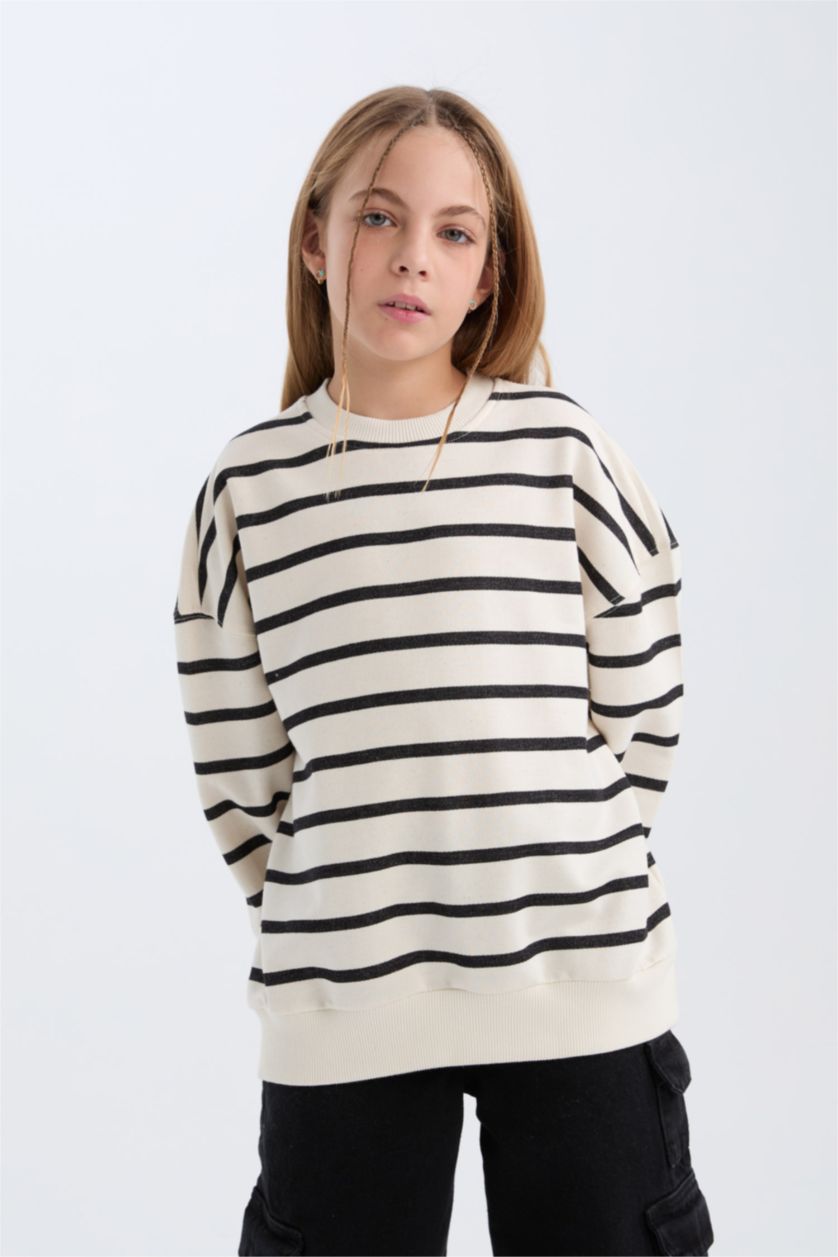 FILLES Écru Sweatshirt Oversize rayé à col rond pour fille