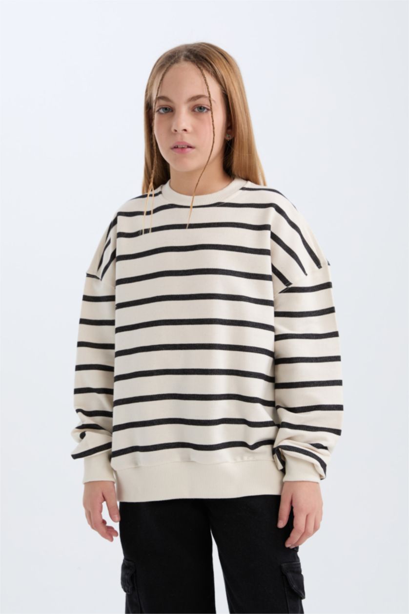 FILLES Écru Sweatshirt Oversize rayé à col rond pour fille