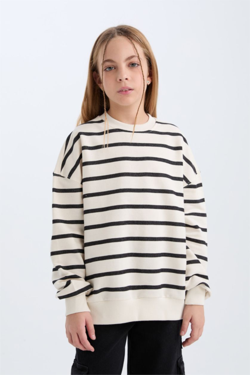 FILLES Écru Sweatshirt Oversize rayé à col rond pour fille
