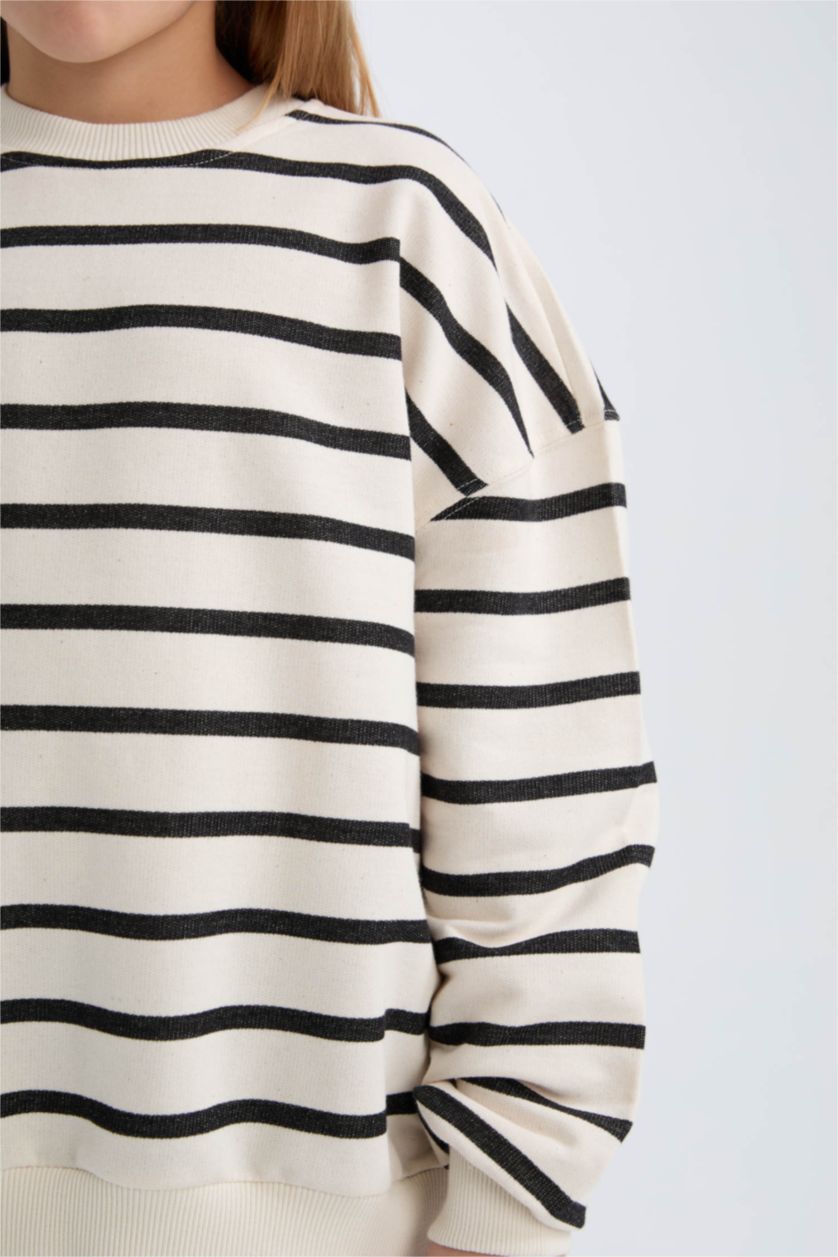 FILLES Écru Sweatshirt Oversize rayé à col rond pour fille