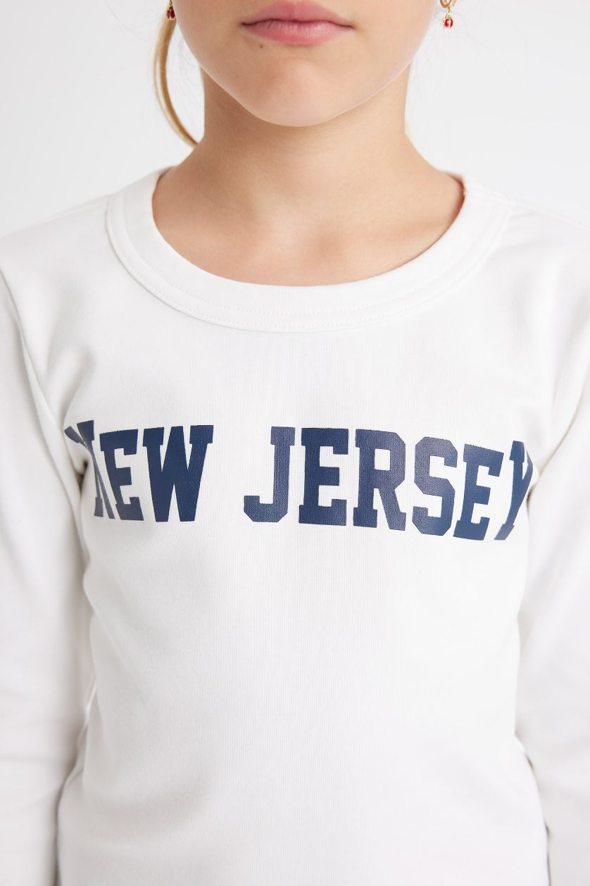 Kız Çocuk - Genç Kız Beyaz Bisiklet Yaka Baskılı Fitilli Kaşkorse Uzun Kollu Okul Tişörtü Kız Çocuk