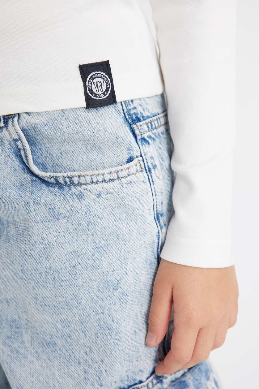 Kız Çocuk - Genç Kız Beyaz Bisiklet Yaka Baskılı Fitilli Kaşkorse Uzun Kollu Okul Tişörtü Kız Çocuk