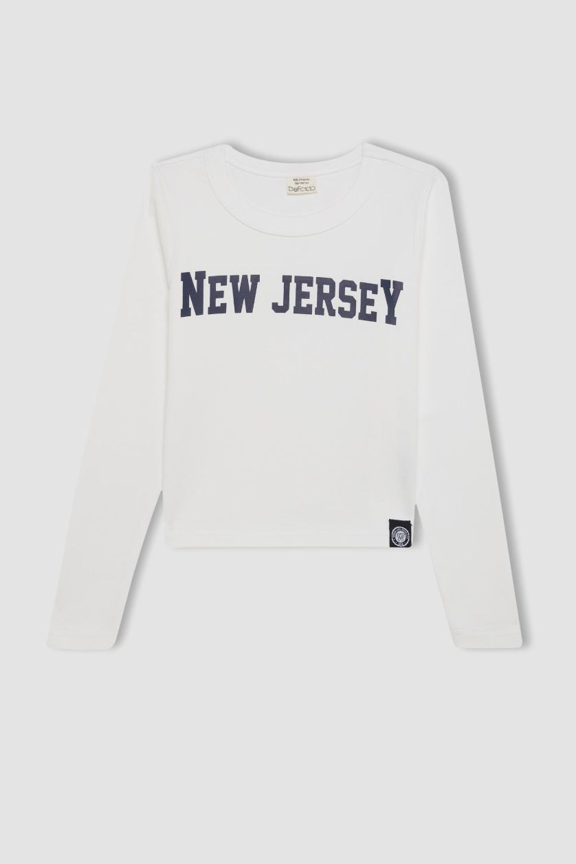 Kız Çocuk - Genç Kız Beyaz Bisiklet Yaka Baskılı Fitilli Kaşkorse Uzun Kollu Okul Tişörtü Kız Çocuk