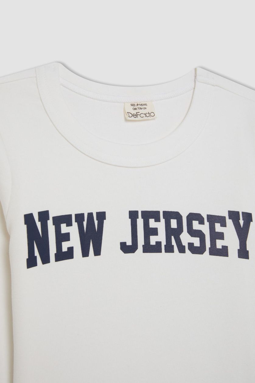 Kız Çocuk - Genç Kız Beyaz Bisiklet Yaka Baskılı Fitilli Kaşkorse Uzun Kollu Okul Tişörtü Kız Çocuk