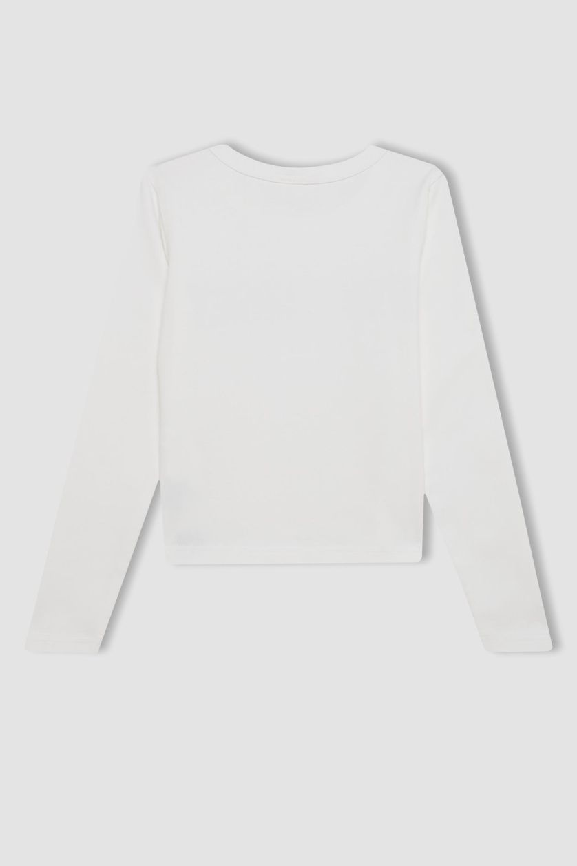 Kız Çocuk - Genç Kız Beyaz Bisiklet Yaka Baskılı Fitilli Kaşkorse Uzun Kollu Okul Tişörtü Kız Çocuk