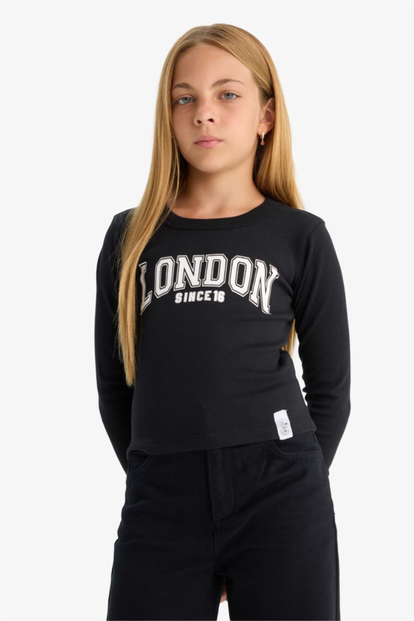 Girls & Teens Black Girl Slim Fit Crew Neck Slogan Printed Ribbed T-Shirt