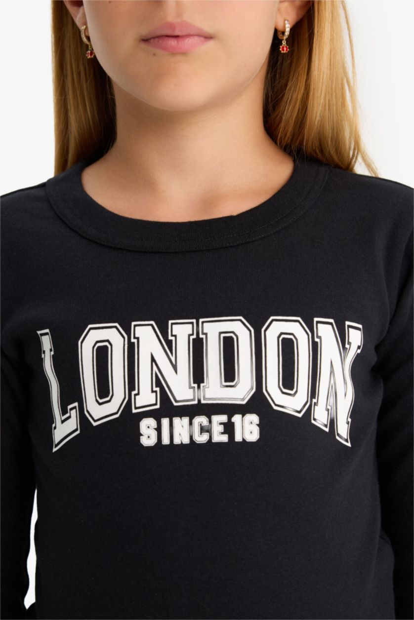 Girls & Teens Black Girl Slim Fit Crew Neck Slogan Printed Ribbed T-Shirt