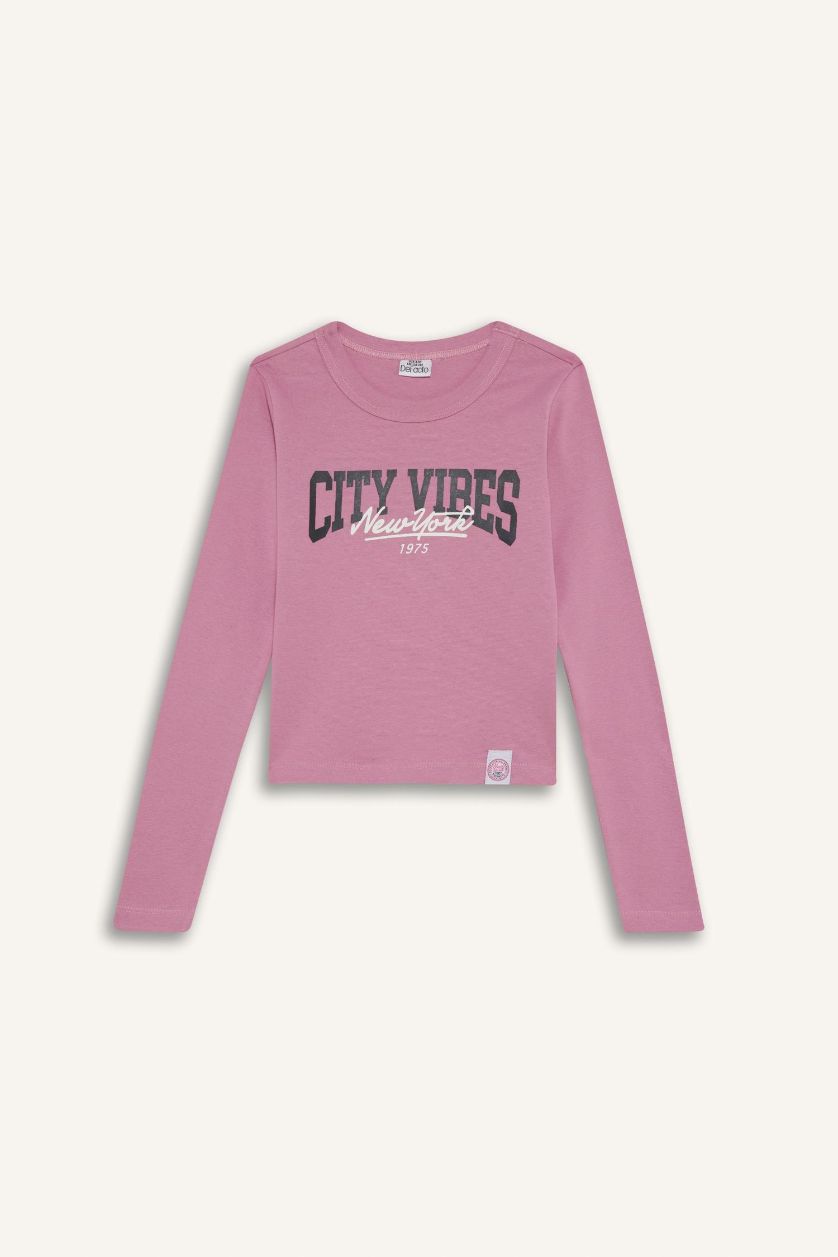 بنات زهري تيشيرت بناتي ردن طويل مضلع سليم فيت بياخة مستديرة