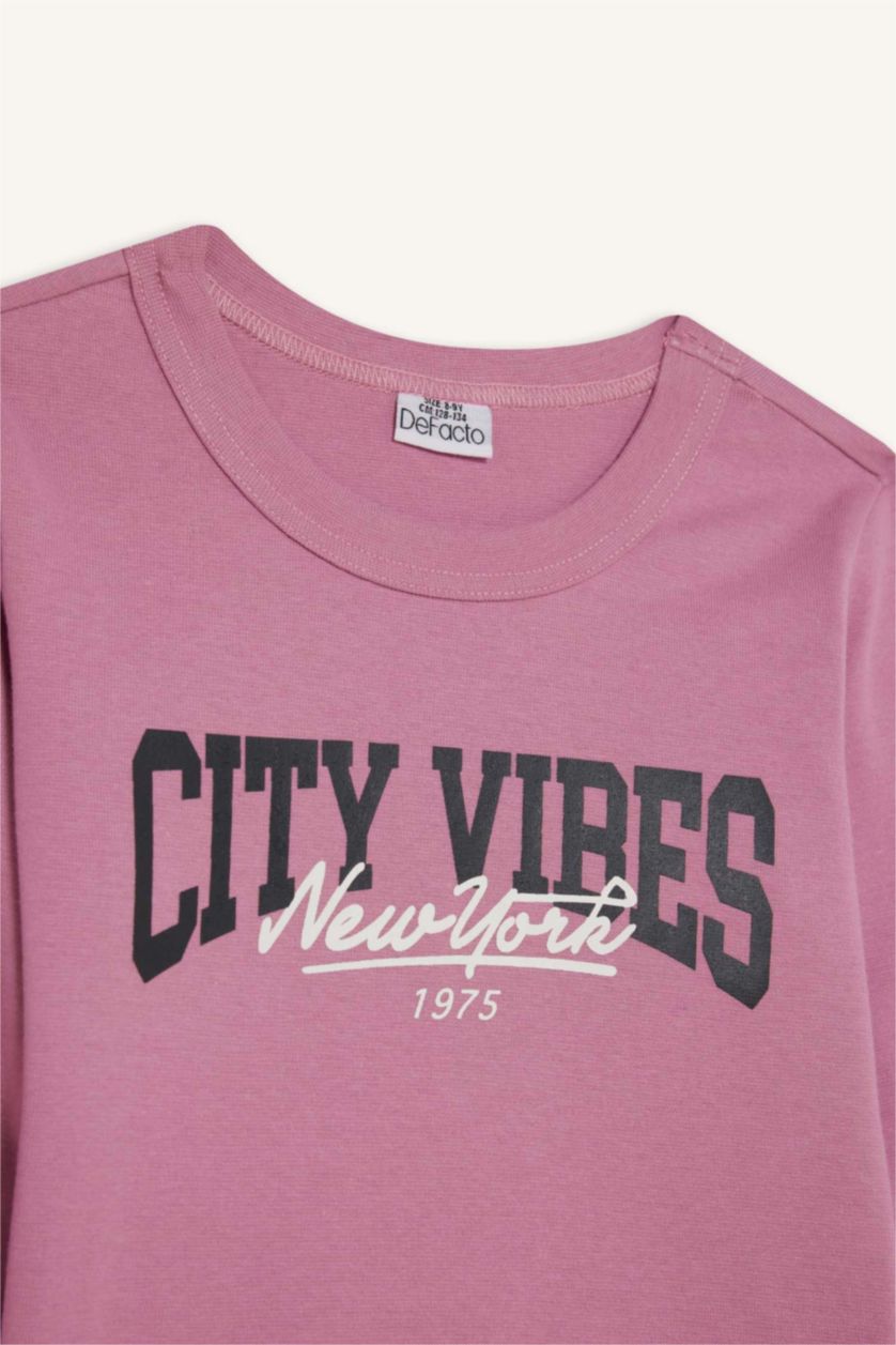 بنات زهري تيشيرت بناتي ردن طويل مضلع سليم فيت بياخة مستديرة