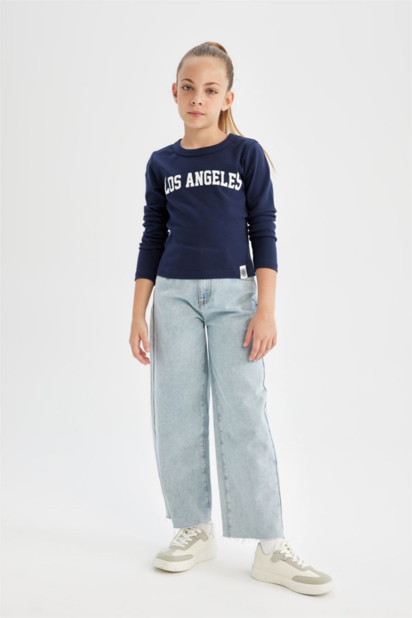 Kız Çocuk - Genç Kız Lacivert Bisiklet Yaka Baskılı Fitilli Kaşkorse Uzun Kollu Okul Tişörtü Kız Çocuk