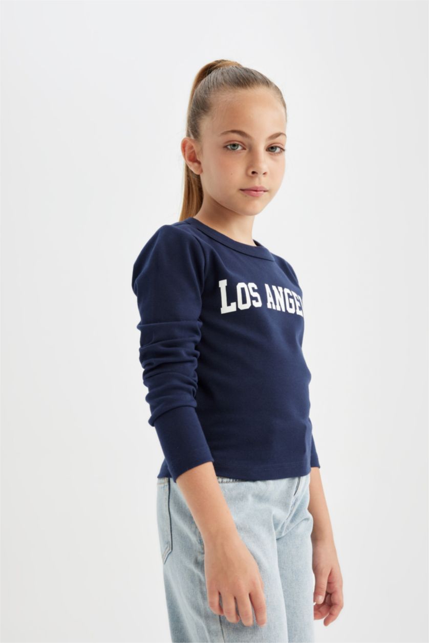 Kız Çocuk - Genç Kız Lacivert Bisiklet Yaka Baskılı Fitilli Kaşkorse Uzun Kollu Okul Tişörtü Kız Çocuk