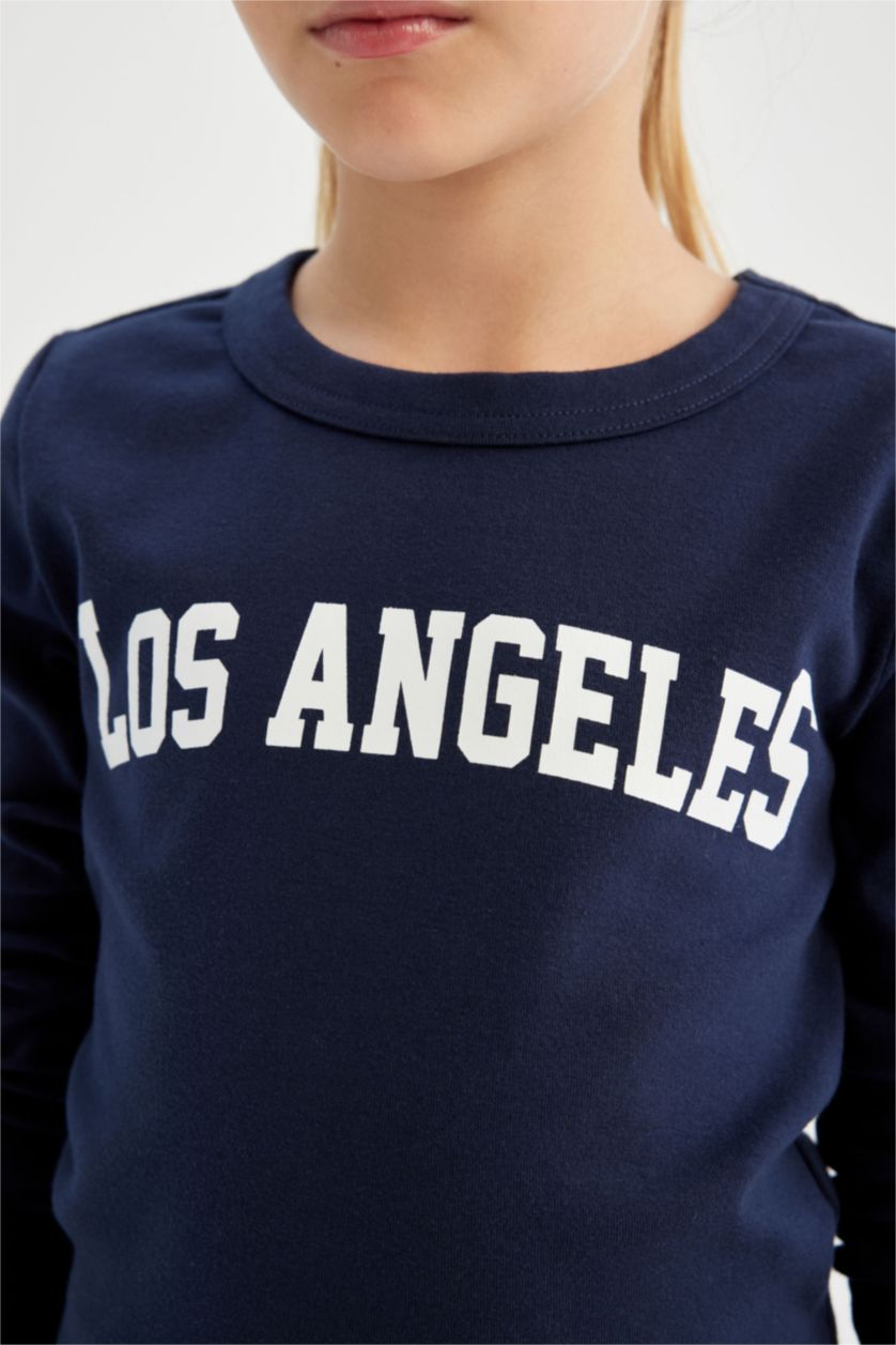 Kız Çocuk - Genç Kız Lacivert Bisiklet Yaka Baskılı Fitilli Kaşkorse Uzun Kollu Okul Tişörtü Kız Çocuk