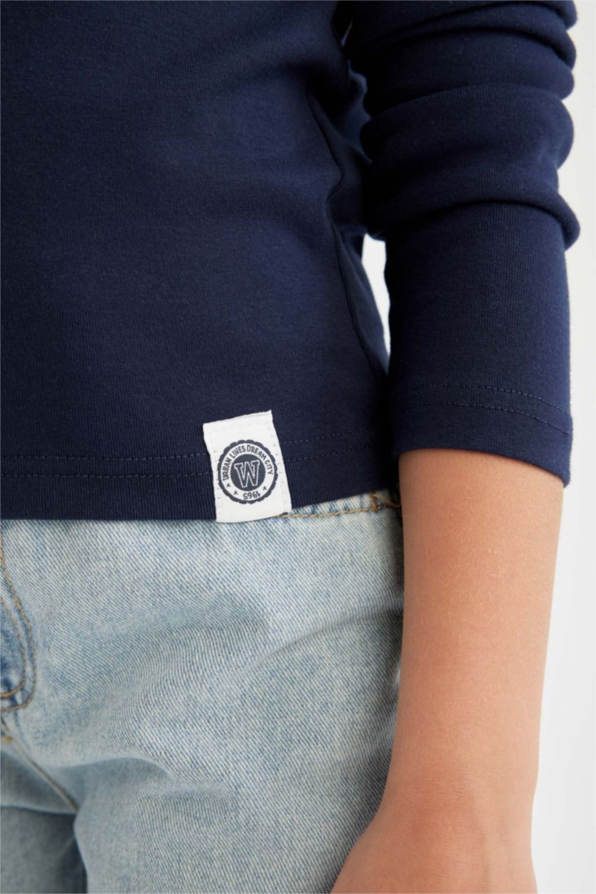 Kız Çocuk - Genç Kız Lacivert Bisiklet Yaka Baskılı Fitilli Kaşkorse Uzun Kollu Okul Tişörtü Kız Çocuk