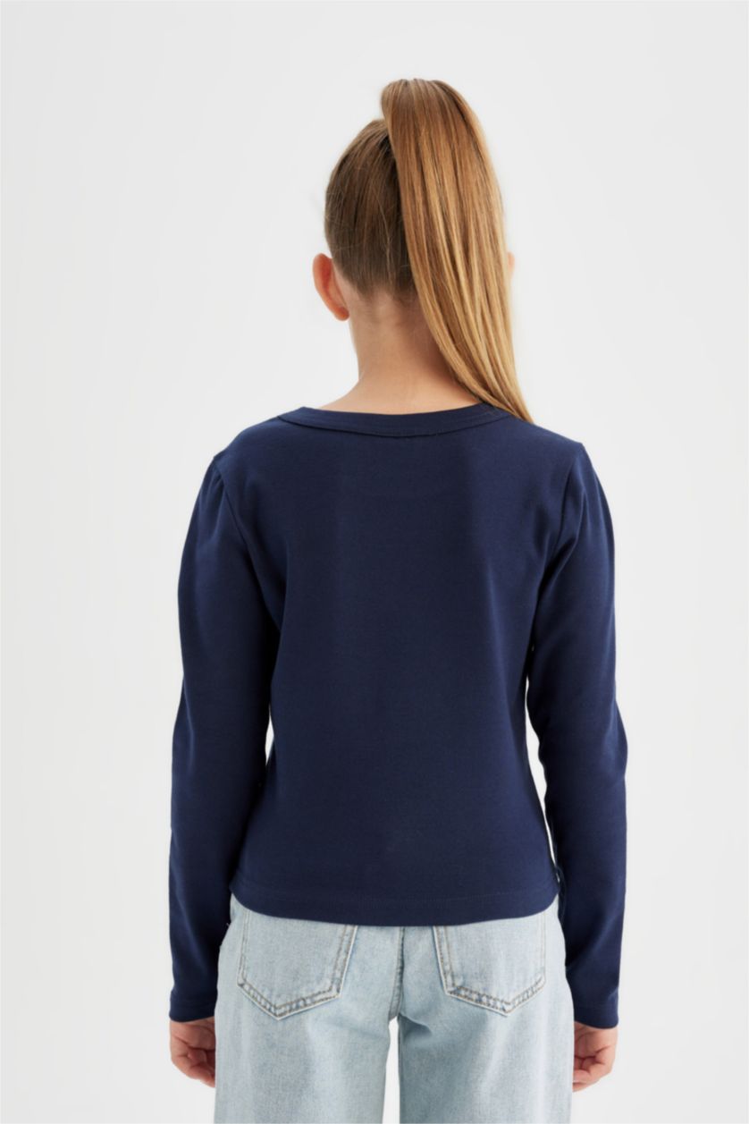 Kız Çocuk - Genç Kız Lacivert Bisiklet Yaka Baskılı Fitilli Kaşkorse Uzun Kollu Okul Tişörtü Kız Çocuk