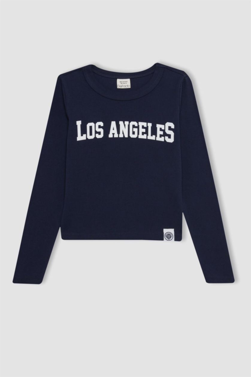 Kız Çocuk - Genç Kız Lacivert Bisiklet Yaka Baskılı Fitilli Kaşkorse Uzun Kollu Okul Tişörtü Kız Çocuk