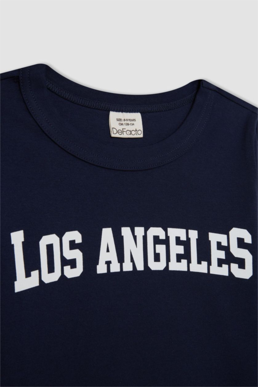 Kız Çocuk - Genç Kız Lacivert Bisiklet Yaka Baskılı Fitilli Kaşkorse Uzun Kollu Okul Tişörtü Kız Çocuk