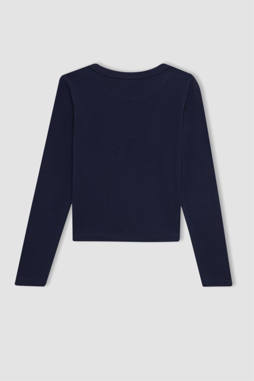 Kız Çocuk - Genç Kız Lacivert Bisiklet Yaka Baskılı Fitilli Kaşkorse Uzun Kollu Okul Tişörtü Kız Çocuk