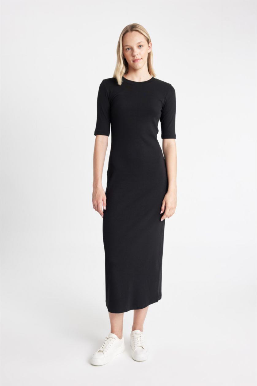 حريمي أسود فستان طويل مضلع بوديكون كم طويل وياقة مستديرة