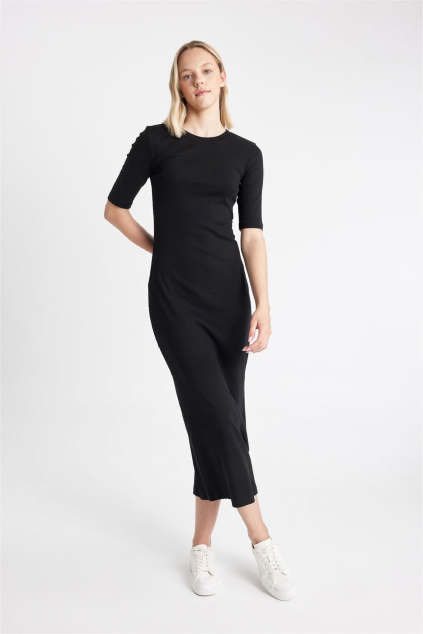 حريمي أسود فستان طويل مضلع بوديكون كم طويل وياقة مستديرة