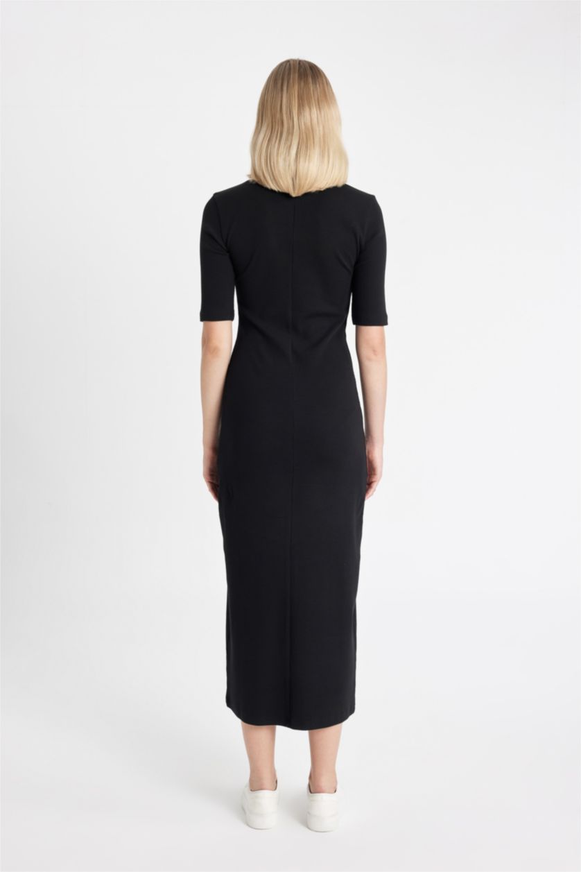 حريمي أسود فستان طويل مضلع بوديكون كم طويل وياقة مستديرة