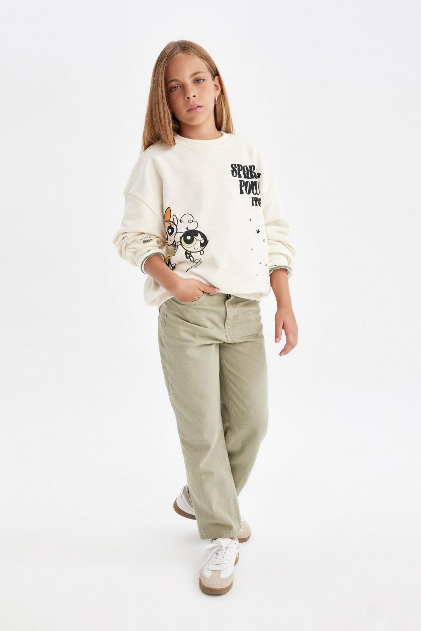 بناتي أخضر بنطلون بناتي قطن قصة مستقيمة برجل واسع