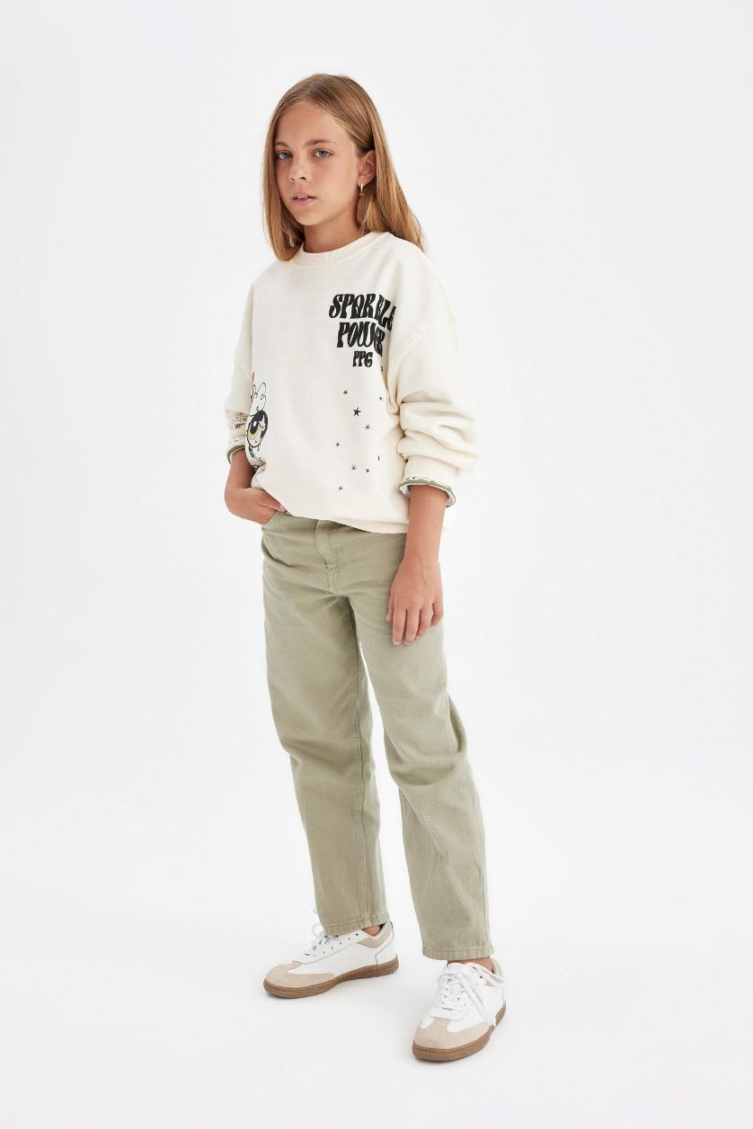 بناتي أخضر بنطلون بناتي قطن قصة مستقيمة برجل واسع