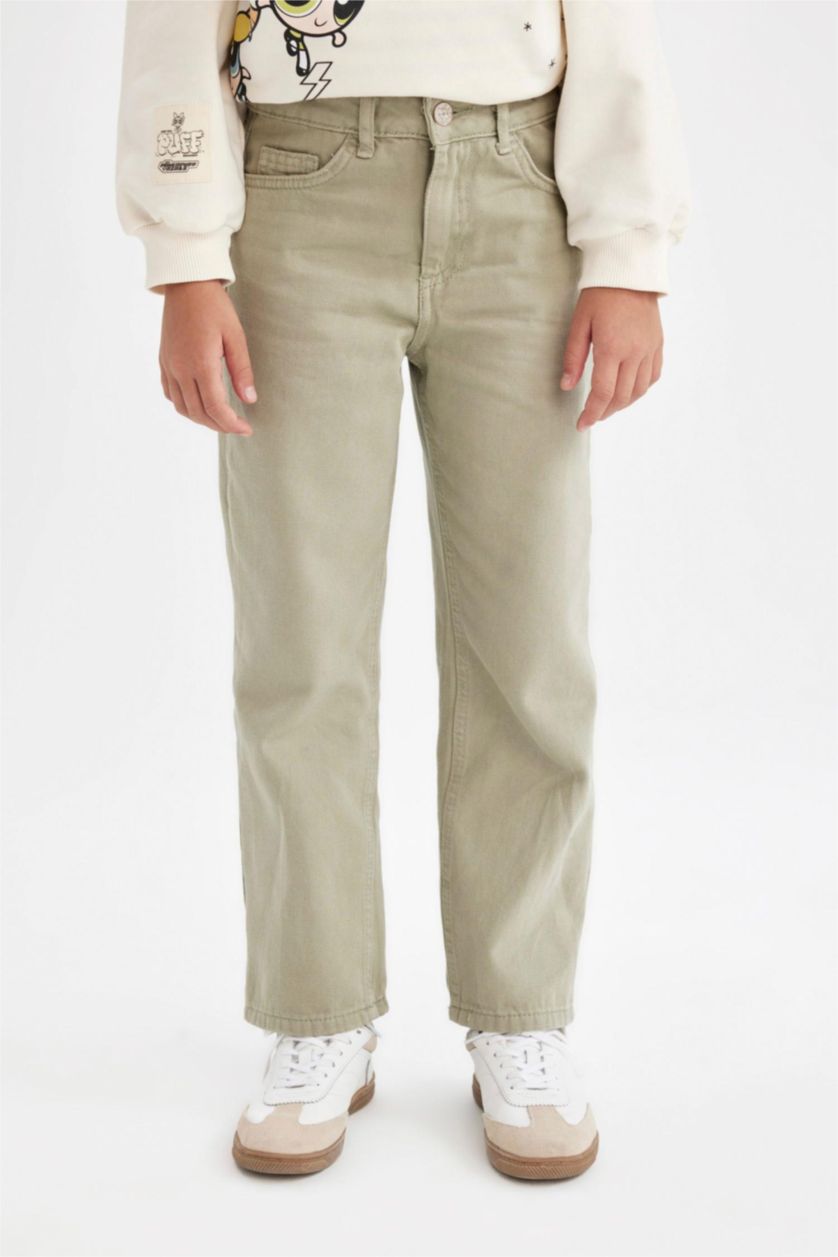 بناتي أخضر بنطلون بناتي قطن قصة مستقيمة برجل واسع