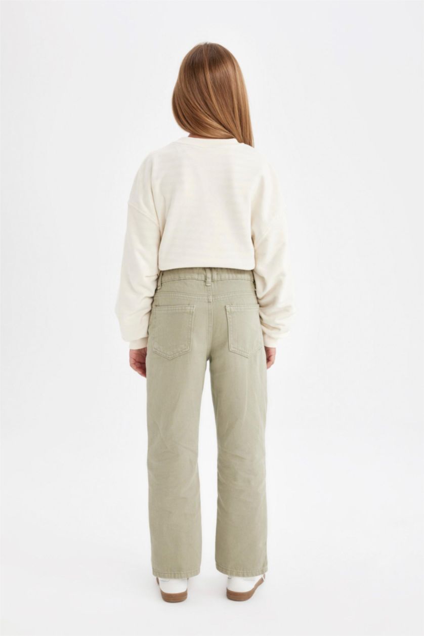 بناتي أخضر بنطلون بناتي قطن قصة مستقيمة برجل واسع