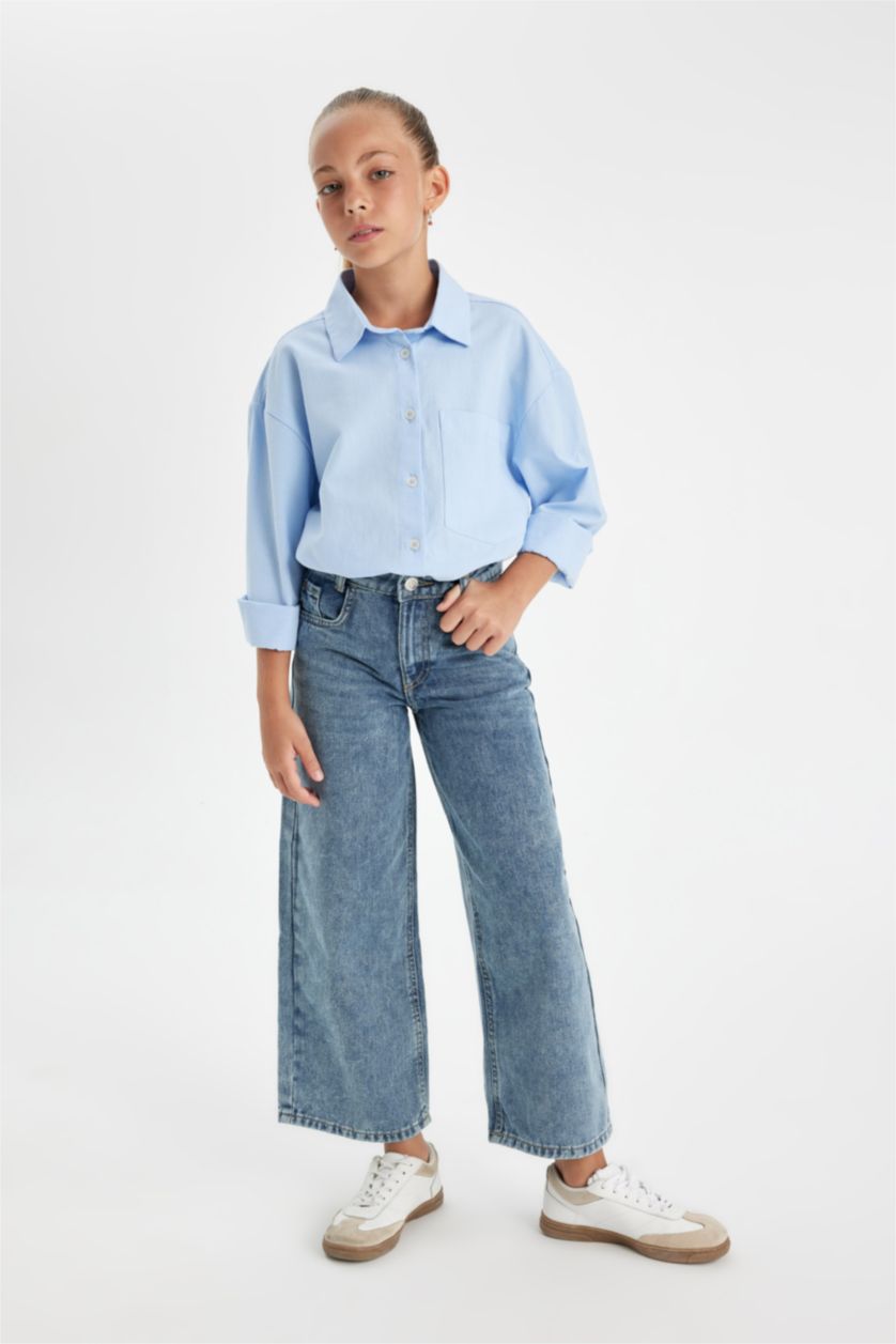Young Girls - Teen Girls Blue Girl Oversize Fit Poplin Long Sleeve School Shirt