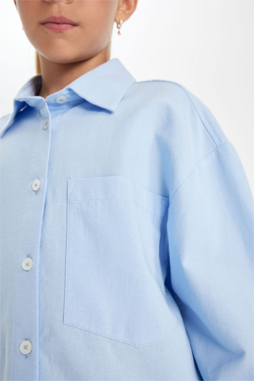 Young Girls - Teen Girls Blue Girl Oversize Fit Poplin Long Sleeve School Shirt