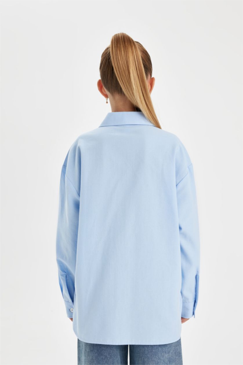 Young Girls - Teen Girls Blue Girl Oversize Fit Poplin Long Sleeve School Shirt