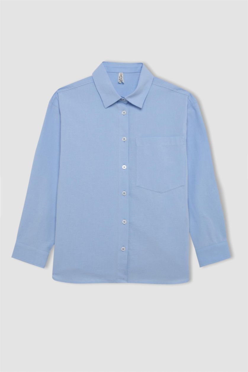 Young Girls - Teen Girls Blue Girl Oversize Fit Poplin Long Sleeve School Shirt