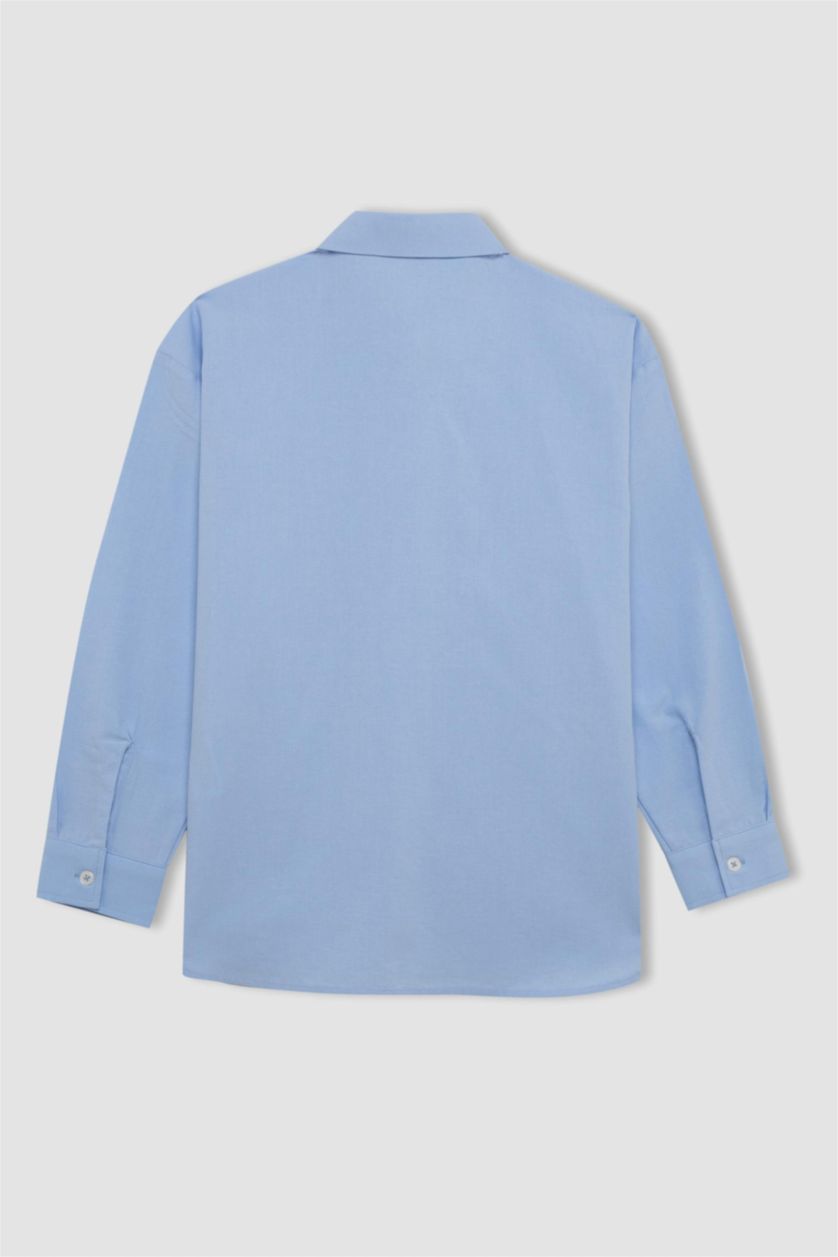 Young Girls - Teen Girls Blue Girl Oversize Fit Poplin Long Sleeve School Shirt