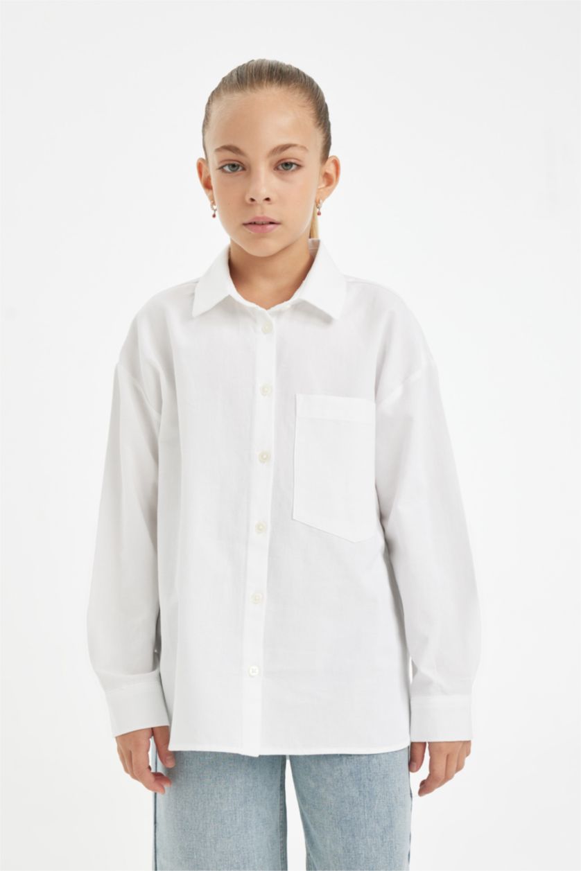 GIRLS & TEENS White قميص كم طويل أوكسفورد اوفر سايز