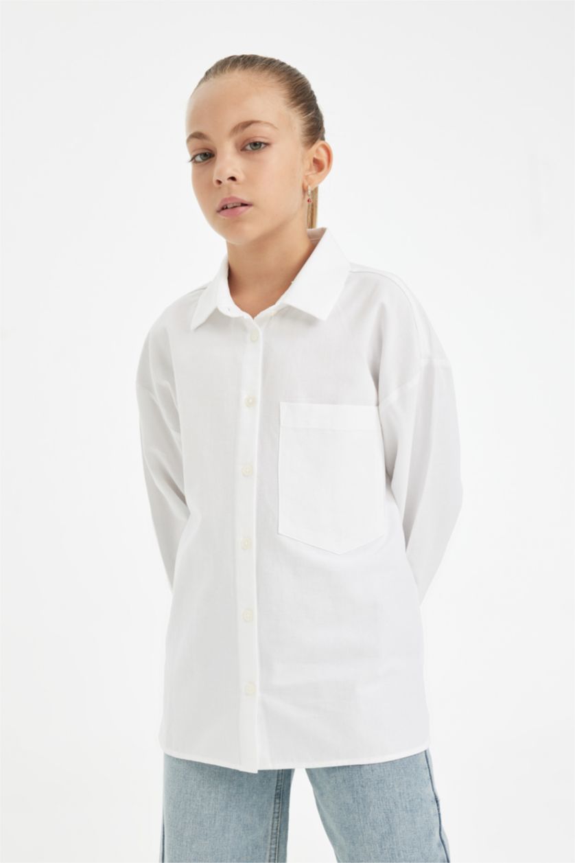 GIRLS & TEENS White قميص كم طويل أوكسفورد اوفر سايز